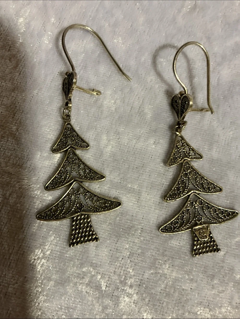 Silver-Tone Filigree Christmas Tree Drop Earrings
